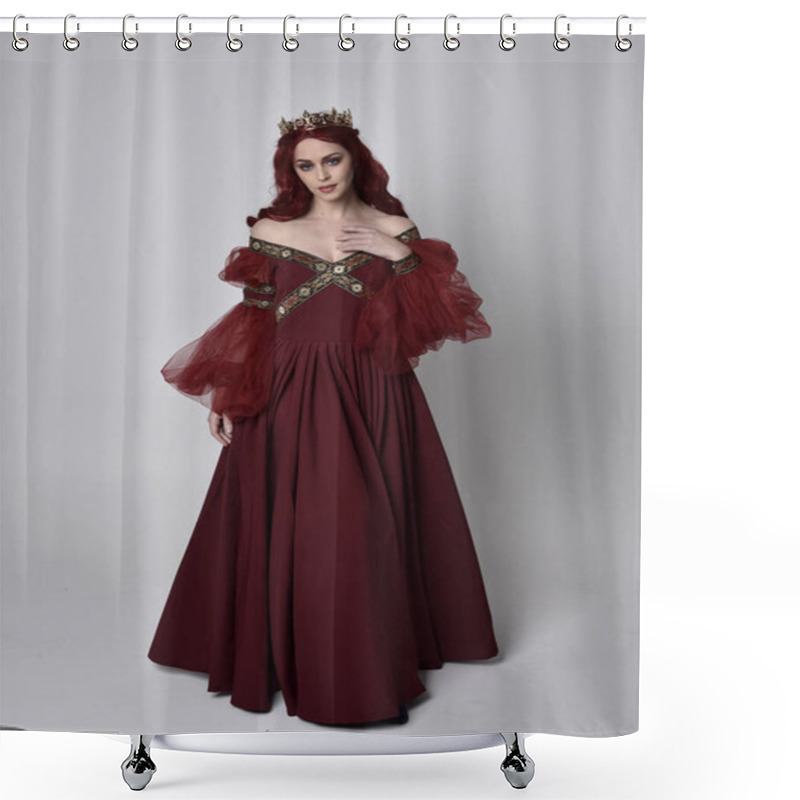 Personality  Portrait Of A Beautiful Woman With Red Hair Wearing  A  Flowing Burgundy Fantasy Gown And Golden Crown.  Full Length Standing Pose, Isolated Against A Studio Background Shower Curtains