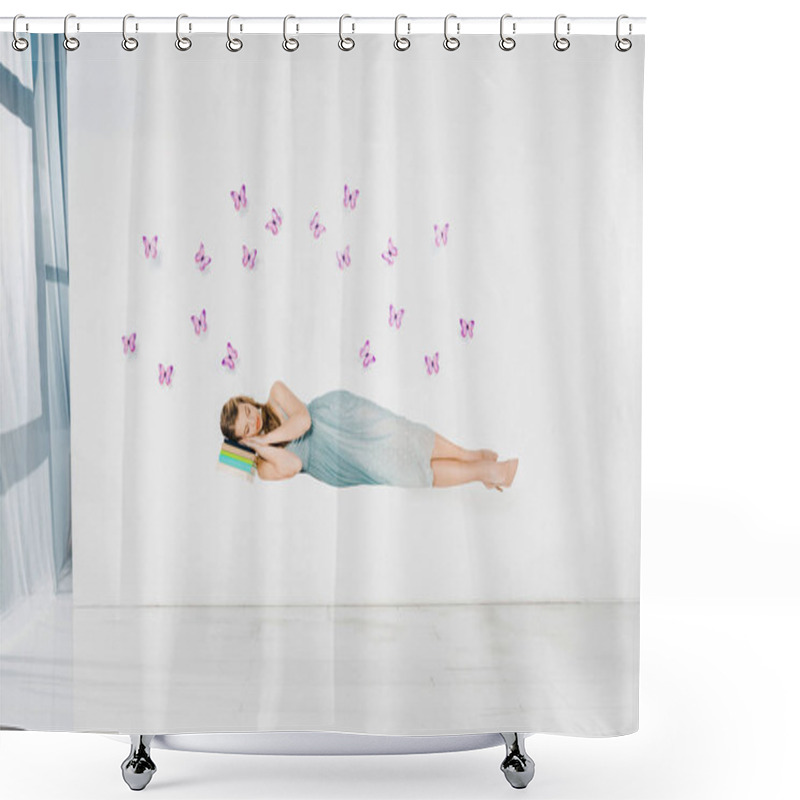 Personality   Girl In Blue Dress Sleeping On Book In Air On White Background With Purple Butterflies Shower Curtains