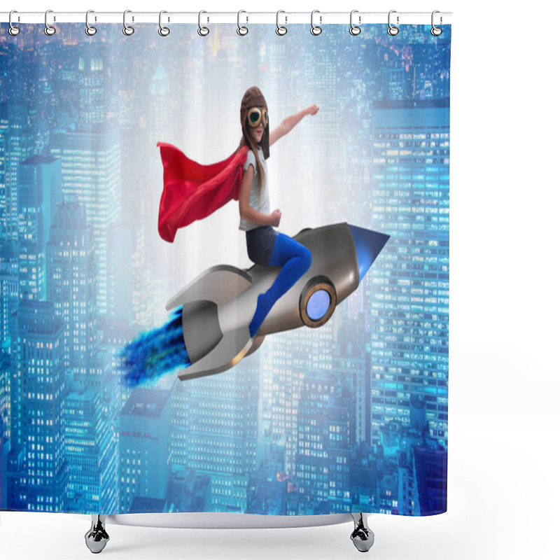 Personality  Little Girl Flying Rocket In Superhero Concept Shower Curtains