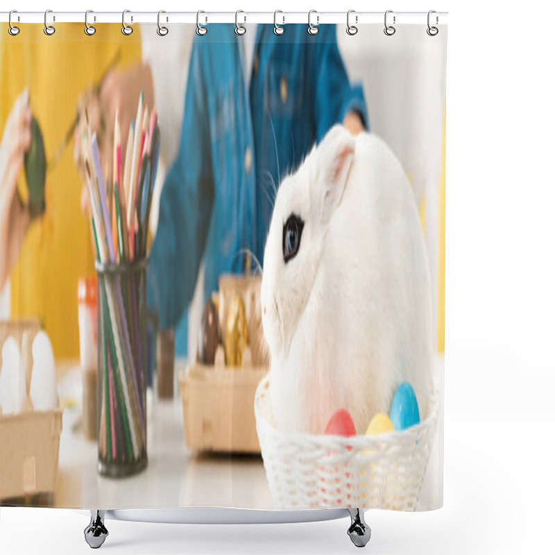 Personality  Cropped View Of Brother And Sister Sitting At Table With Easter Eggs And White Rabbit In Wicker Shower Curtains