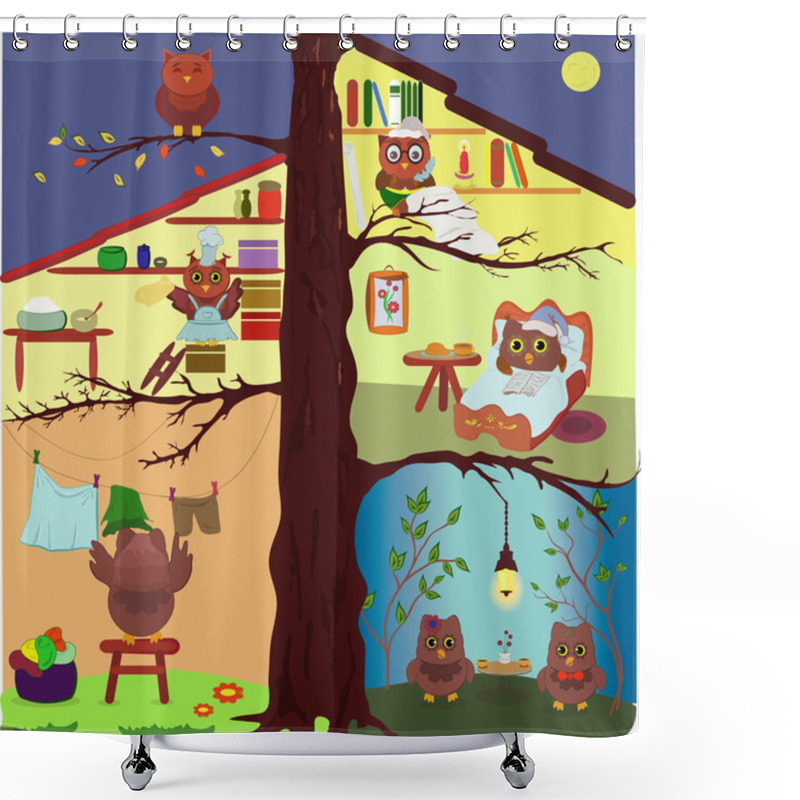 Personality  Vector Illustration With Owl Tree-house Shower Curtains