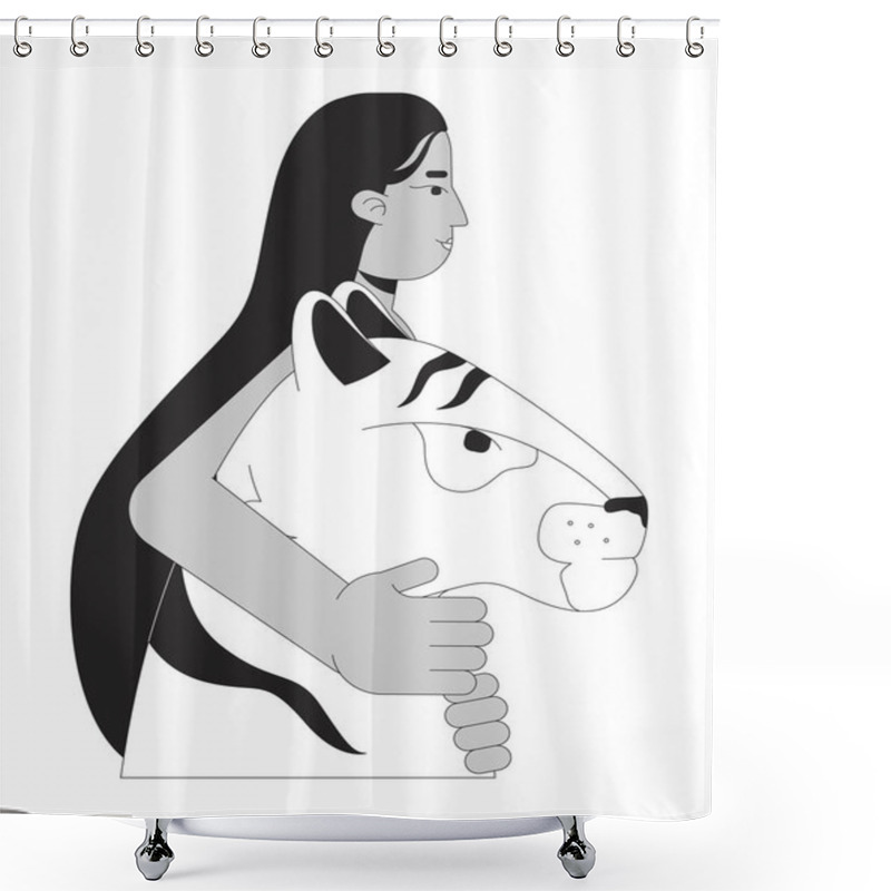 Personality  Indian Woman Embracing Tiger Head Black And White 2D Line Character. Animal Guardian. South Asian Female Hugging Wildcat Predator Isolated Vector Outline Person. Monochromatic Spot Illustration Shower Curtains