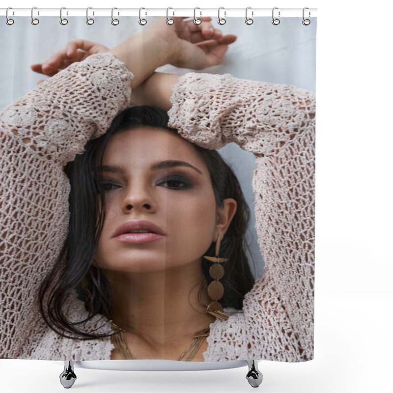 Personality  Young Woman With Dark Hair In White Knit Top Poses With Arms Crossed Above Head, Gazing At The Camera. Shower Curtains