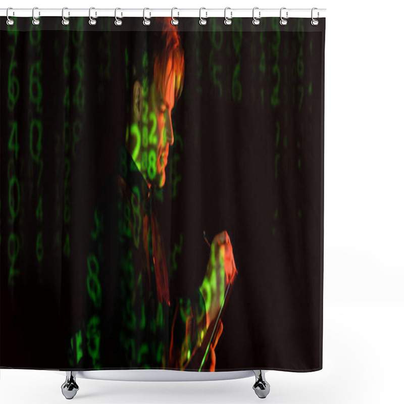 Personality  Young Programmer Writing On Clipboard Near Computer Code Reflecting On Black Background, Banner  Shower Curtains