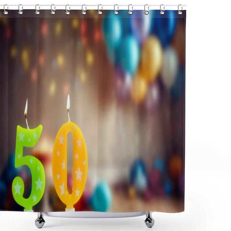 Personality  Happy Birthday Card With Candle Number 50 Against Festive Background With Balloons And Birthday Cake. Copy Space Happy Birthday For Fifty Years. Celebrating Space For Text Shower Curtains