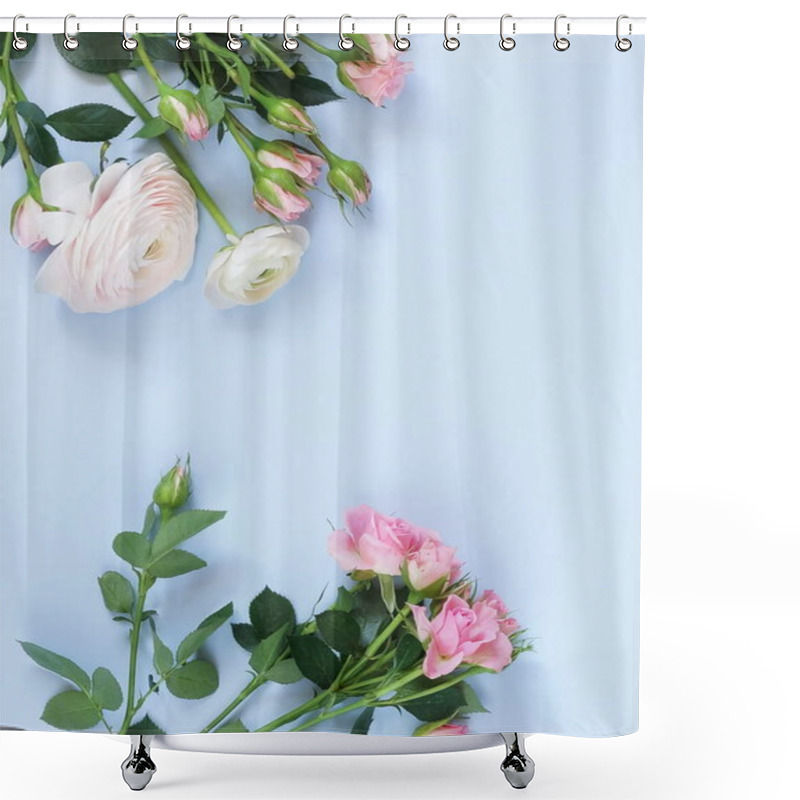 Personality  Flowers Background. Bouquet Frame Of Pale Pink Ranunculus And Roses Flowers On Pale Blue Background. Shower Curtains