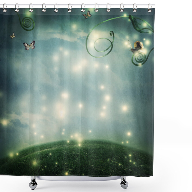 Personality  Fantasy Night With A Small Snail And Butterflies Shower Curtains