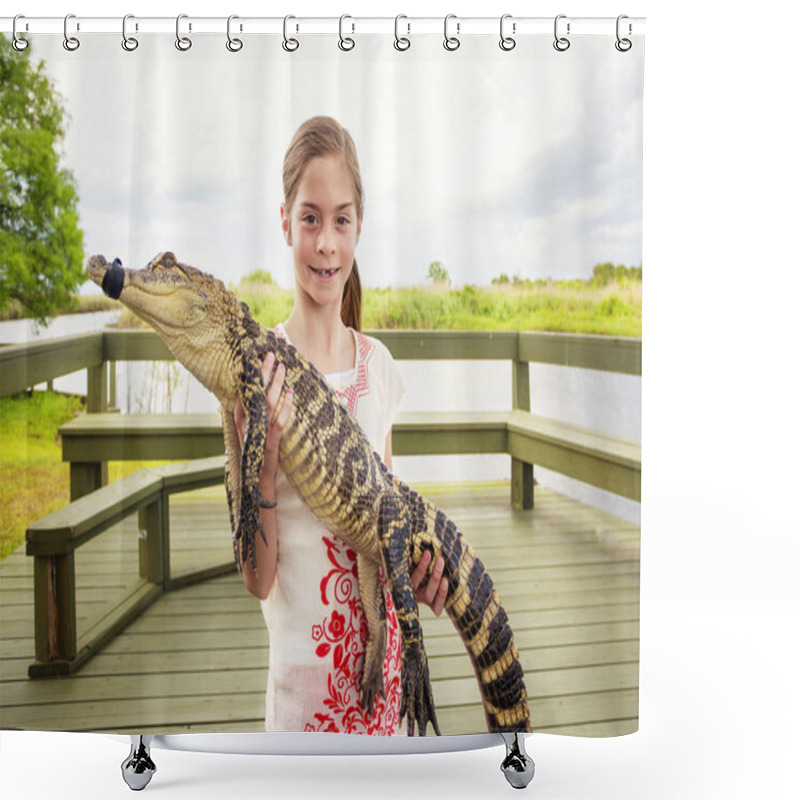 Personality  Girl Holding A Crocodile Shower Curtains