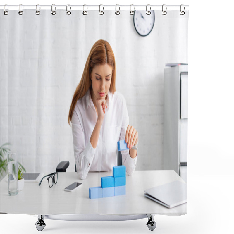 Personality  Attractive Businesswoman Stacking Marketing Pyramid From Blue Building Blocks On Table Shower Curtains