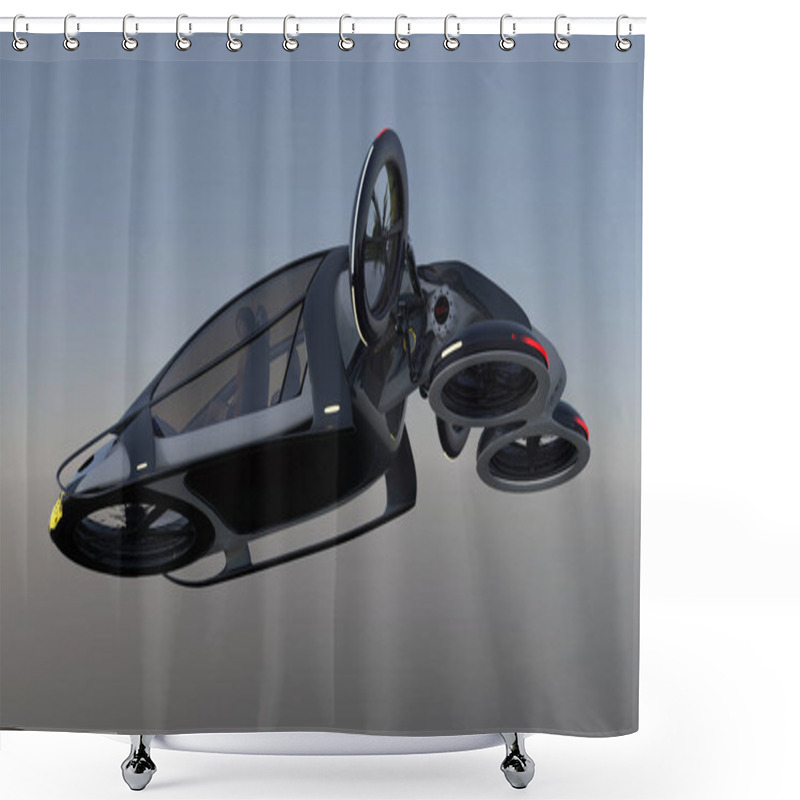 Personality  Futuristic Flying Car, Flying In The Gray-blue Sky. Passenger Transport Of The Future.Possible Concept. 3D Illustration Shower Curtains