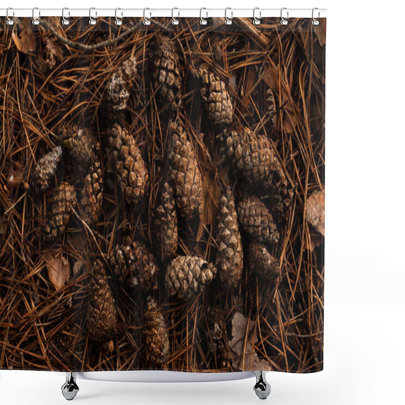 Personality  Pine Cones Scattered On A Forest Floor Covered With Fallen Pine Needles. A Natural Woodland Scene With Earthy Tones, Organic Textures, And A Tranquil Atmosphere, Capturing The Beauty Of Nature's Details. Shower Curtains