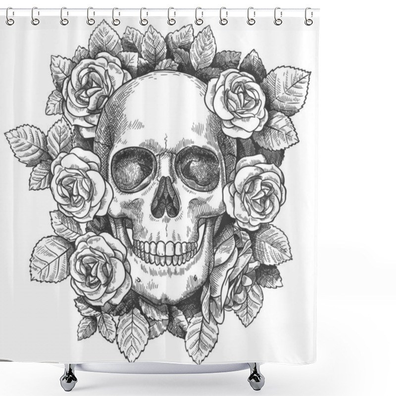 Personality  Skull With Flowers. Sketch Human Skull With Roses, Traditional Gothic Black Tattoo. Drawn Monster Halloween Engraving Vector Artwork Shower Curtains