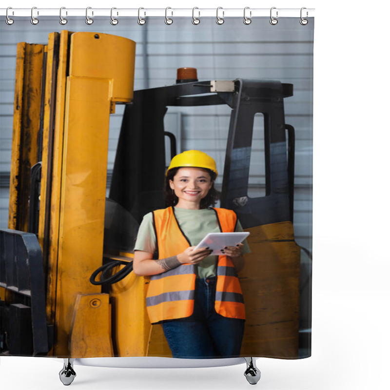 Personality  Happy Female Warehouse Worker In Hard Hat And Safety Vest Holding Tablet Near Forklift, Cargo Shower Curtains