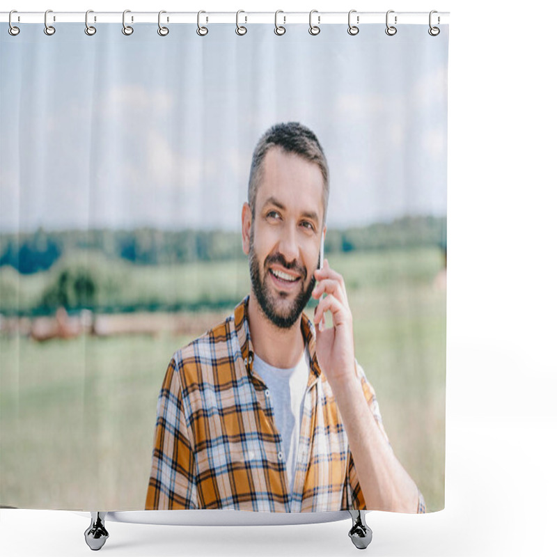 Personality  Smiling Middle Aged Farmer Talking By Smartphone In Field Shower Curtains