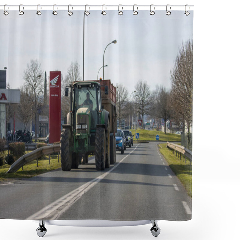 Personality  France, 17 December 2024 : Tractor Driving On Road Near Dealership With Several Vehicles Shower Curtains