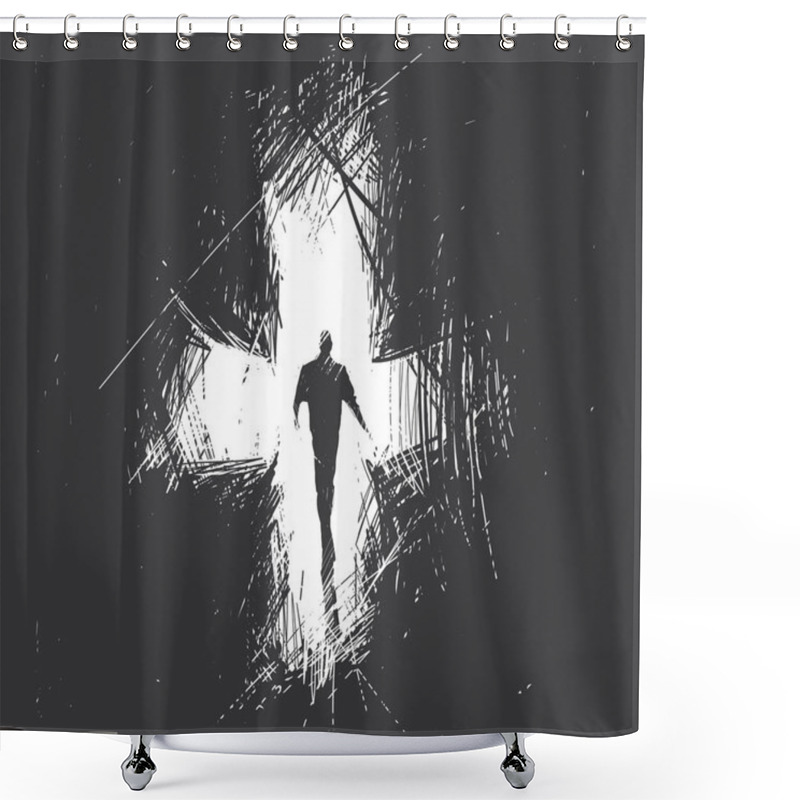 Personality  Man Goes Into The Distance Against The Background Of An Abstract Cross. Last Way Shower Curtains