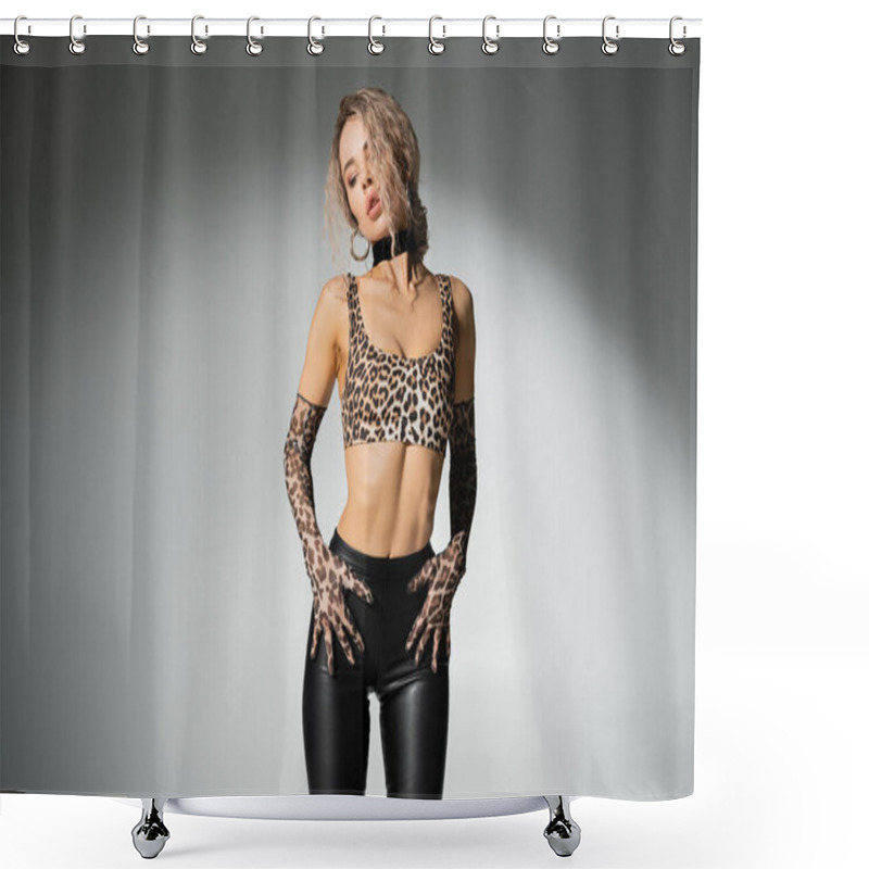 Personality  Sexuality And Fashion, Sensual Woman With Toned Body And Wavy Ash Blonde Hair, Wearing Animal Print Crop Top, Long Gloves And Black Latex Pants, Posing With Hands On Hips On Grey Background Shower Curtains