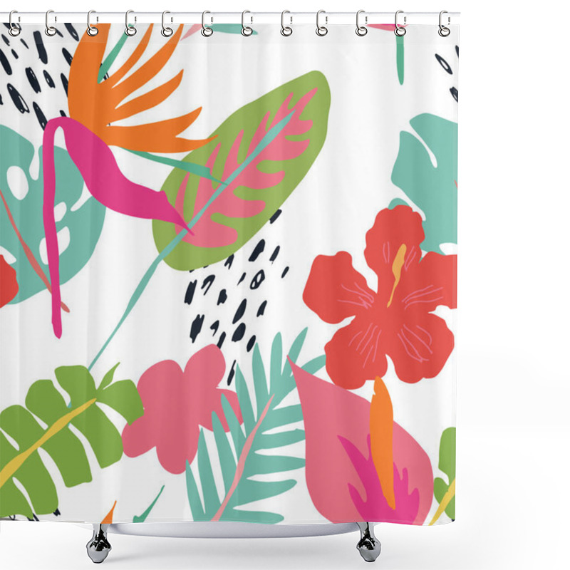 Personality  Minimal Summer Trendy Vector Tile Seamless Pattern In Scandinavian Style. Bird Of Paradise, Hibiscus, Laceleaf Flowers, Palm Leafs. Textile Fabric Swimwear Graphic Design For Pring. Shower Curtains