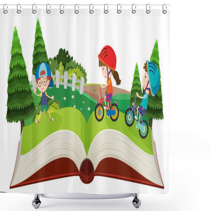 Personality  Children Riding Bikes Pop Up Book Illustration Shower Curtains