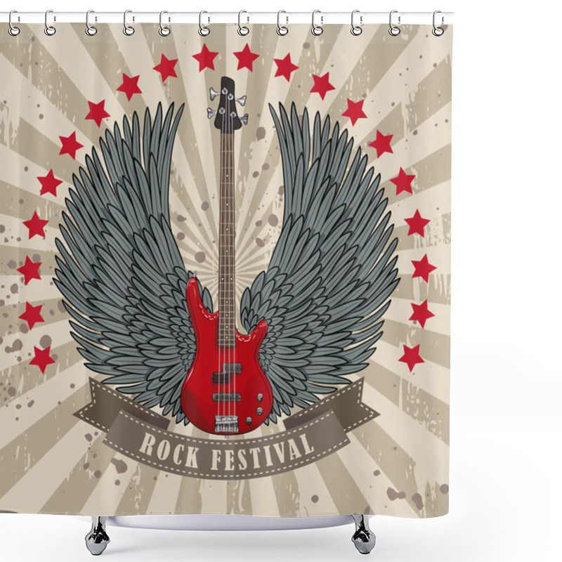 Personality  Vector Poster For Rock Festival With Winged Guitar Shower Curtains