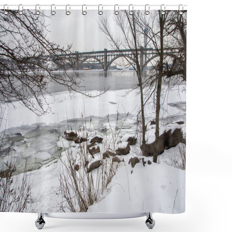 Personality  A Serene Winter Landscape Featuring A Partially Frozen River With A Bridge In The Background, Framed By Bare Trees And Snow-covered Ground. Perfect For Seasonal And Nature-themed Projects Shower Curtains