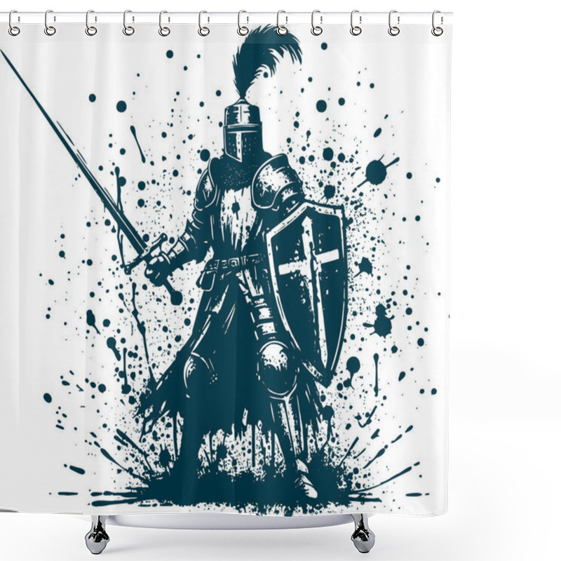 Personality  Medieval Knight In Metal Armor Stands In A Fighting Stance Holding A Sword And Shield At The Ready Abstract Vector Stencil Drawing Shower Curtains