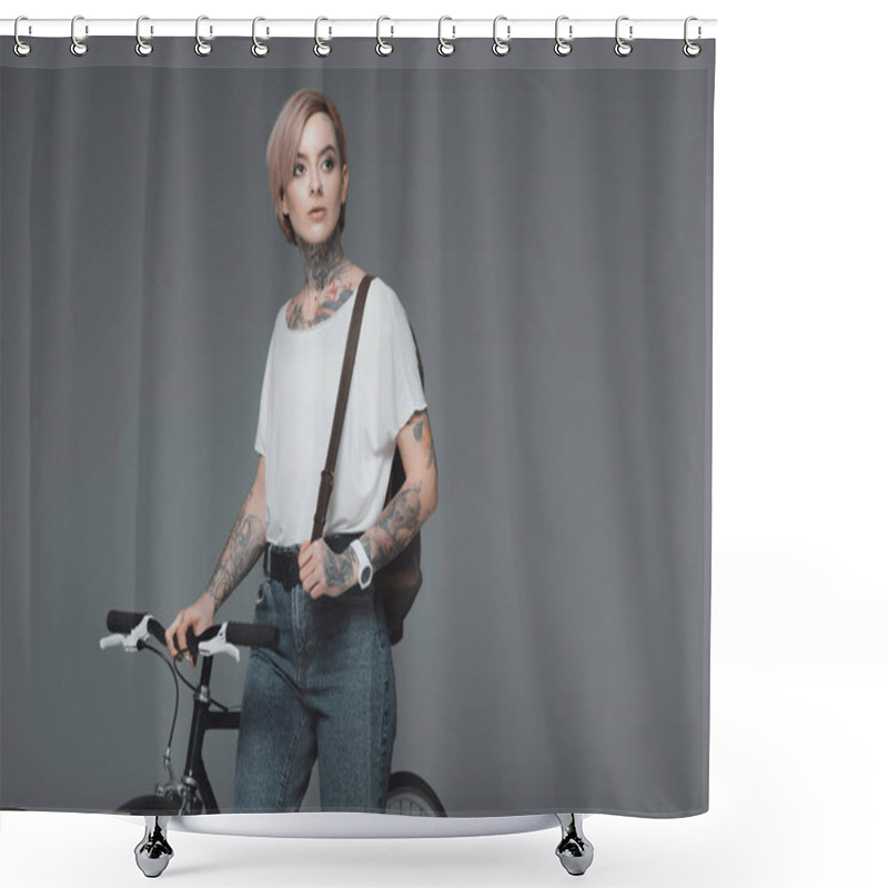 Personality  Beautiful Tattooed Girl With Backpack Standing With Bicycle And Looking Away Isolated On Grey  Shower Curtains