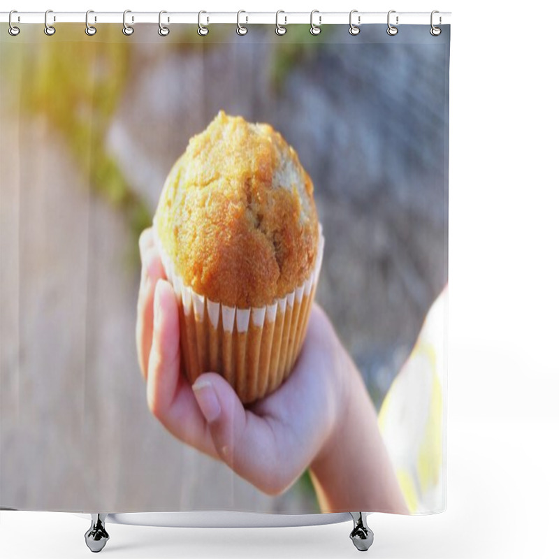 Personality  Little Girl Hand Holding Muffin In The Morning Shower Curtains