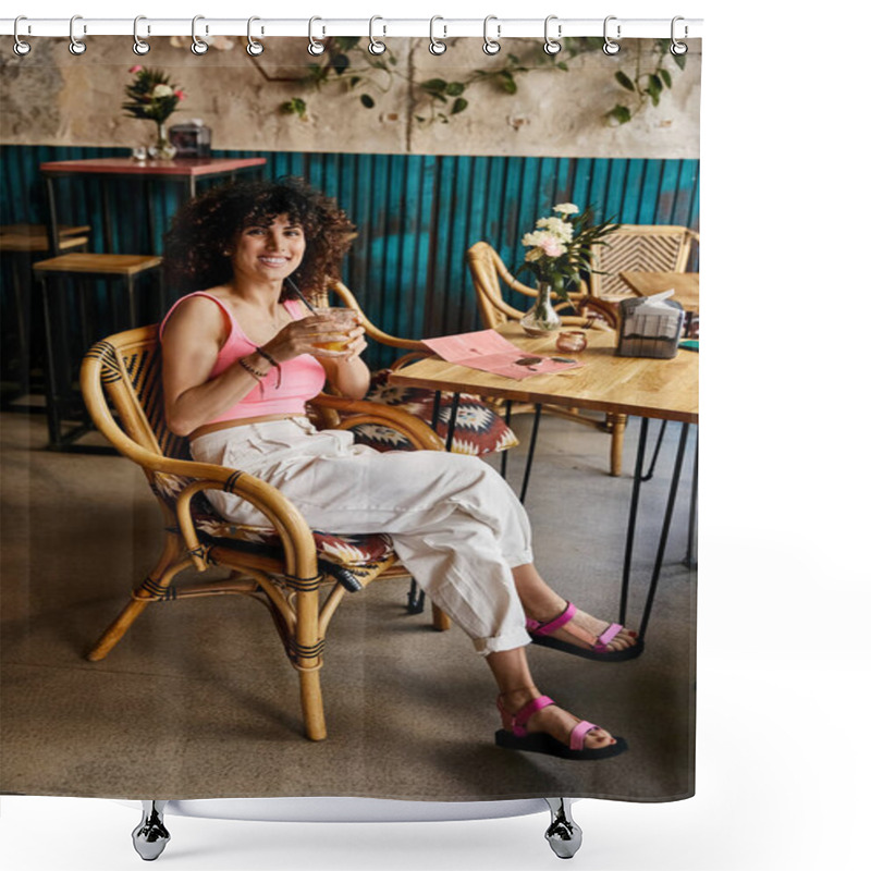 Personality  A Woman In Stylish Attire Enjoys A Beverage At A Cafe In Europe. Shower Curtains