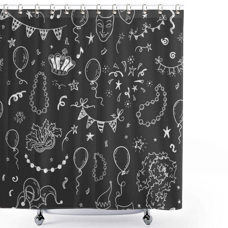 Personality  Mardi Gras Carnival Seamless Pattern With Hand Drawn Doodle Masquerade Elements On A Chalkboard Background. Vector Illustration Shower Curtains