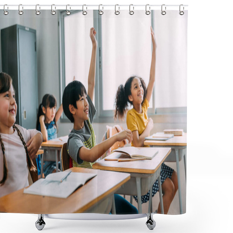 Personality  Elementary Age Asian Student Boy Raised Hands Up In Class. Diverse Group Of Pre-school Pupils In Elementary Age In Education Building School. Volunteering And Participating Classroom Concept Shower Curtains