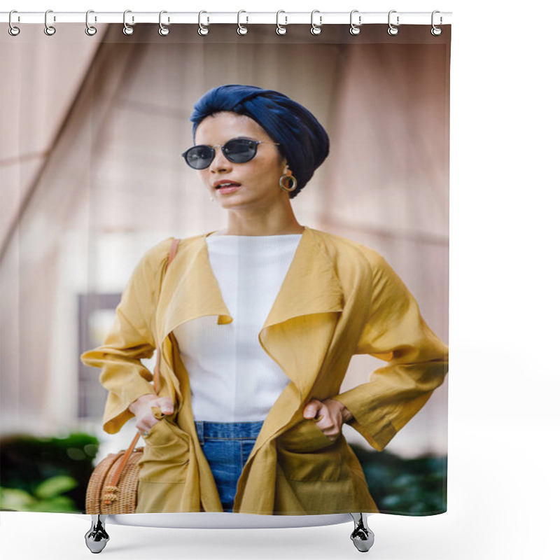 Personality  Fashion Portrait Of A Tall, Slim, Young And Attractive Malay Muslim Woman Wearing Fashionable Clothing And A Turban Shower Curtains