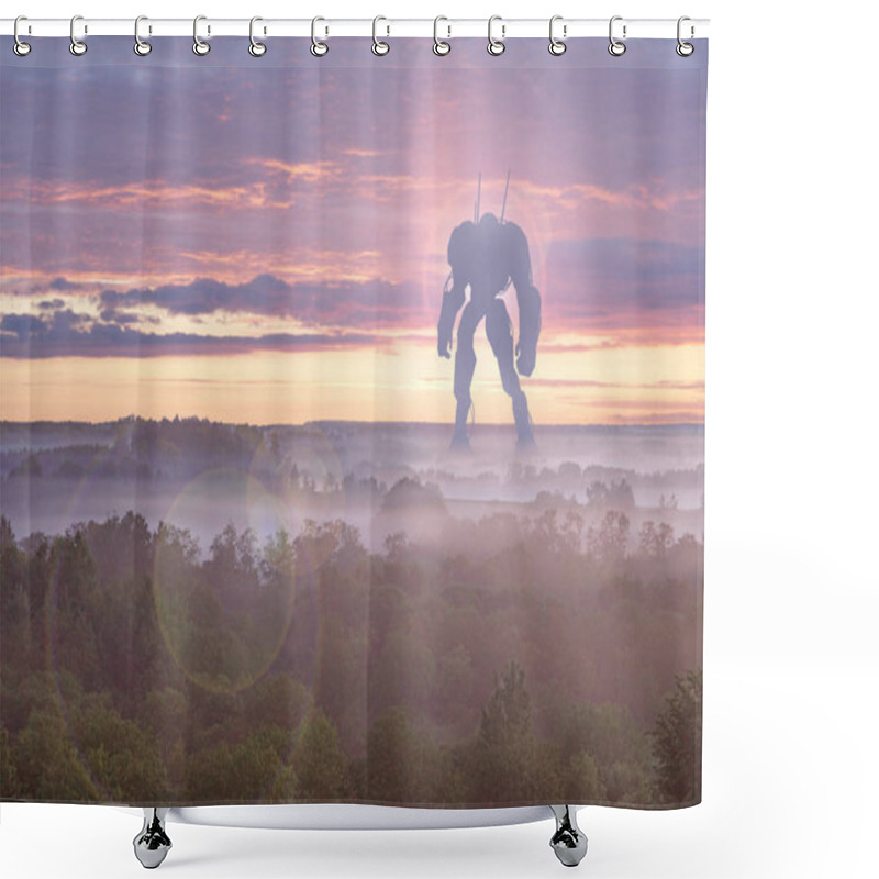 Personality  Sci-fi Military Giant Battle Machine. Humanoid Robot In Apocalypse Countryside. Dystopia, Science Fiction, Mech And Combat Technology Concept. Shower Curtains