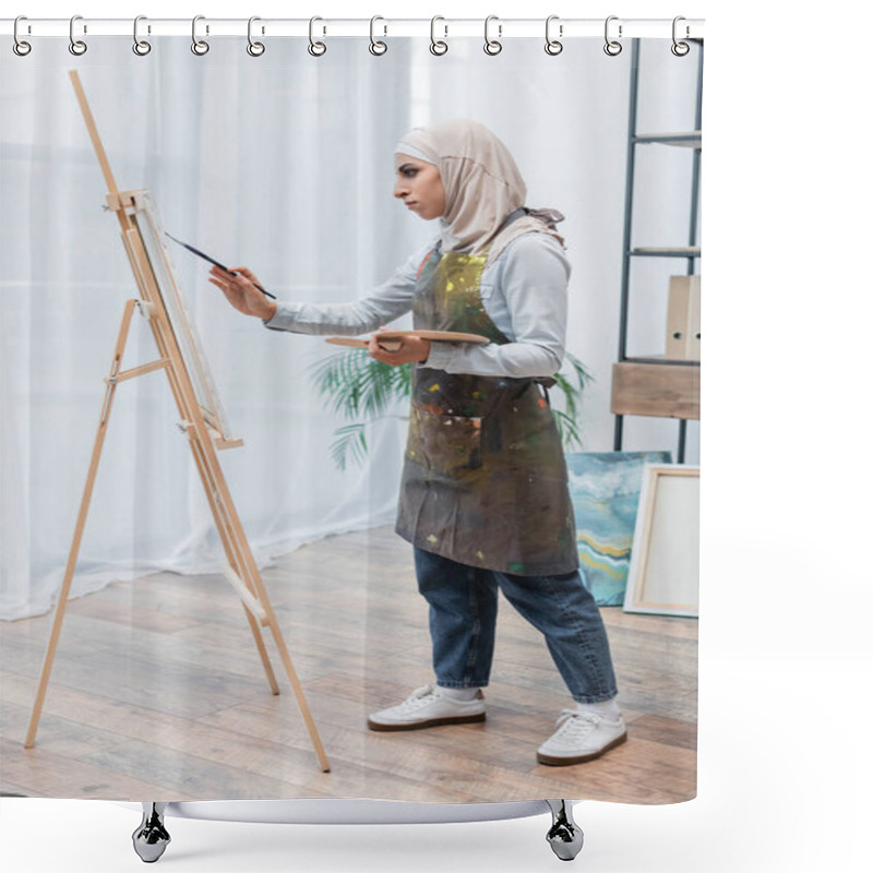 Personality  Full Length View Of Arabian Woman In Hijab And Apron Drawing At Home Shower Curtains