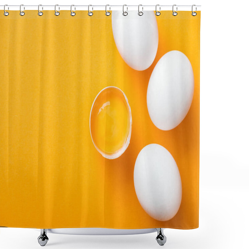 Personality  Top View Of Smashed Chicken Egg With Yolk On Bright Orange Background Among White Whole Eggs Shower Curtains