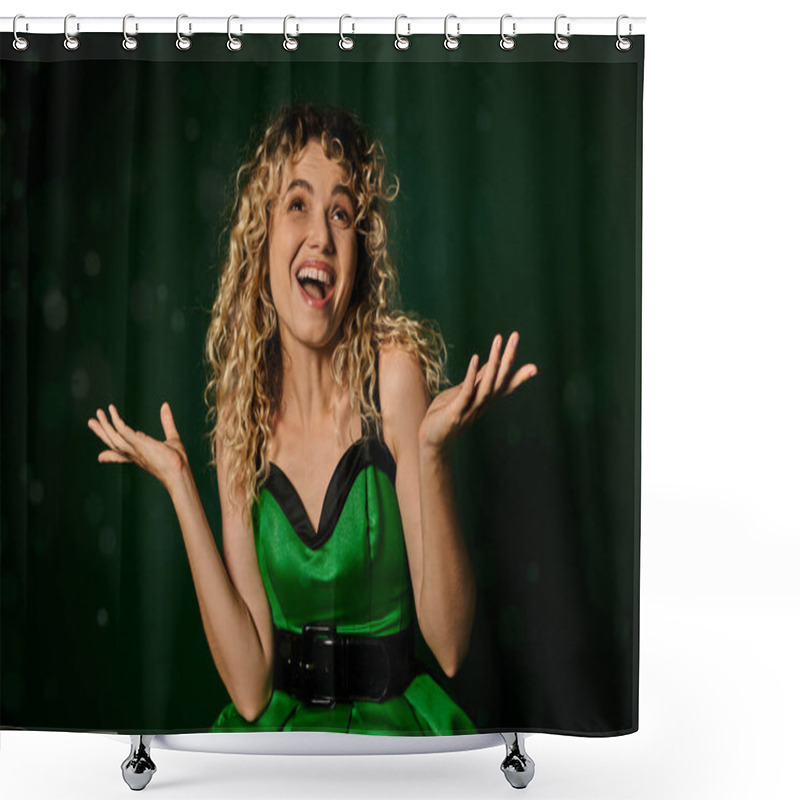 Personality  Cheerful Woman In New Year Elf Costume Looking At Snow And Catching Snowflakes On Green Background Shower Curtains