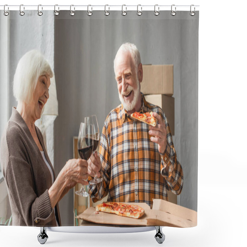 Personality  Laughing Senior Man Holding Piece Of Pizza And Clinking Glasses Of Wine With Wife In New House Shower Curtains