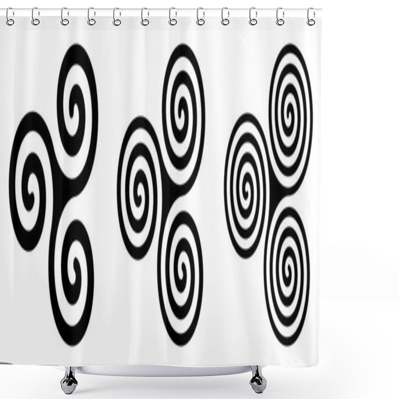 Personality  Three Black Celtic Triskelion Spirals Over White. Triple Spirals With Two, Three And Four Turns. Motifs Of Twisted And Connected Spirals, Exhibiting Rotational Symmetry. Isolated Illustration. Vector. Shower Curtains