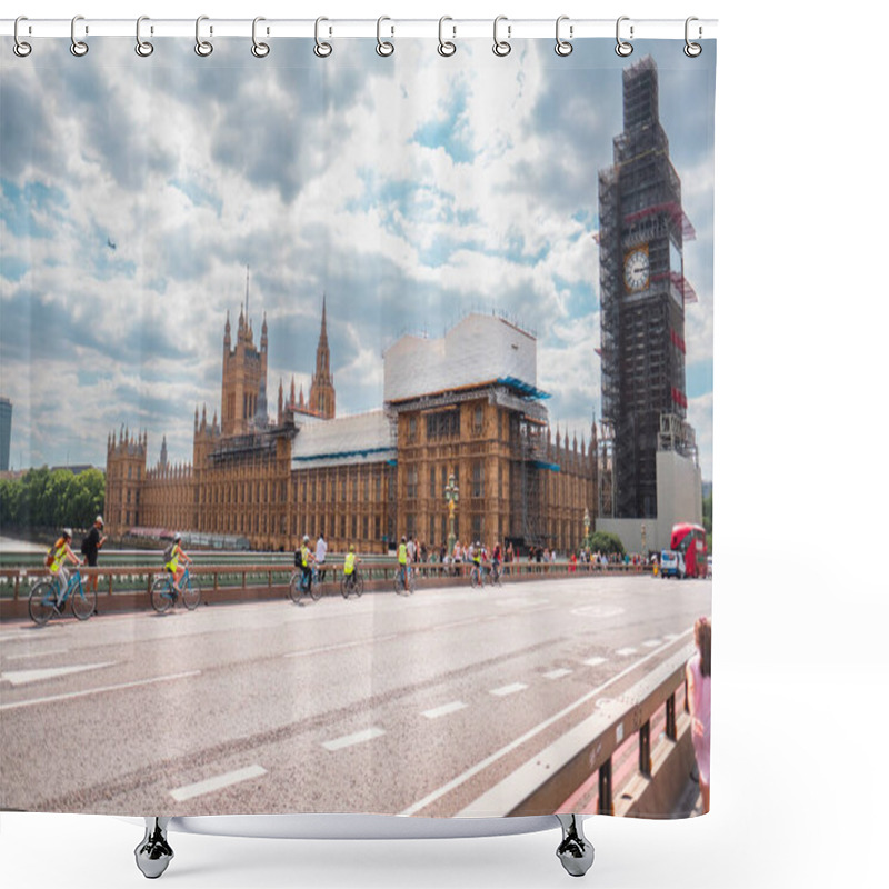 Personality  Bicyclists And Pedestrians Traverse Westminster Bridge, With Big Ben And The Houses Of Parliament Standing Prominently Under A Cloudy Sky In London, Capturing A Lively Urban Scene. Shower Curtains