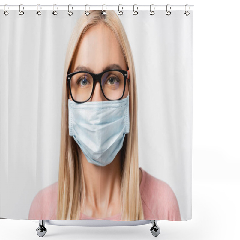 Personality  Young Blonde Woman In Eyeglasses And Medical Mask Looking At Camera Isolated On Grey Shower Curtains