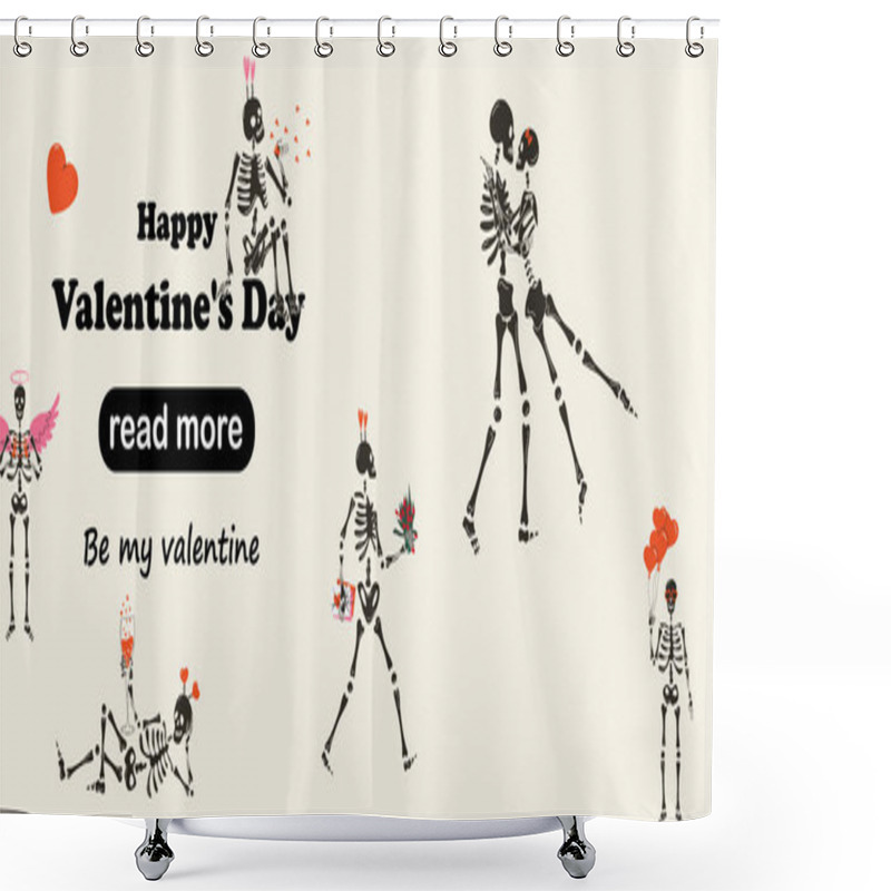 Personality  Web Page Design Template. Set Of Funny Skeletons With Decor For Valentine's Day. Cute Character Skeleton Bones. Happy Valentine's Day Shower Curtains