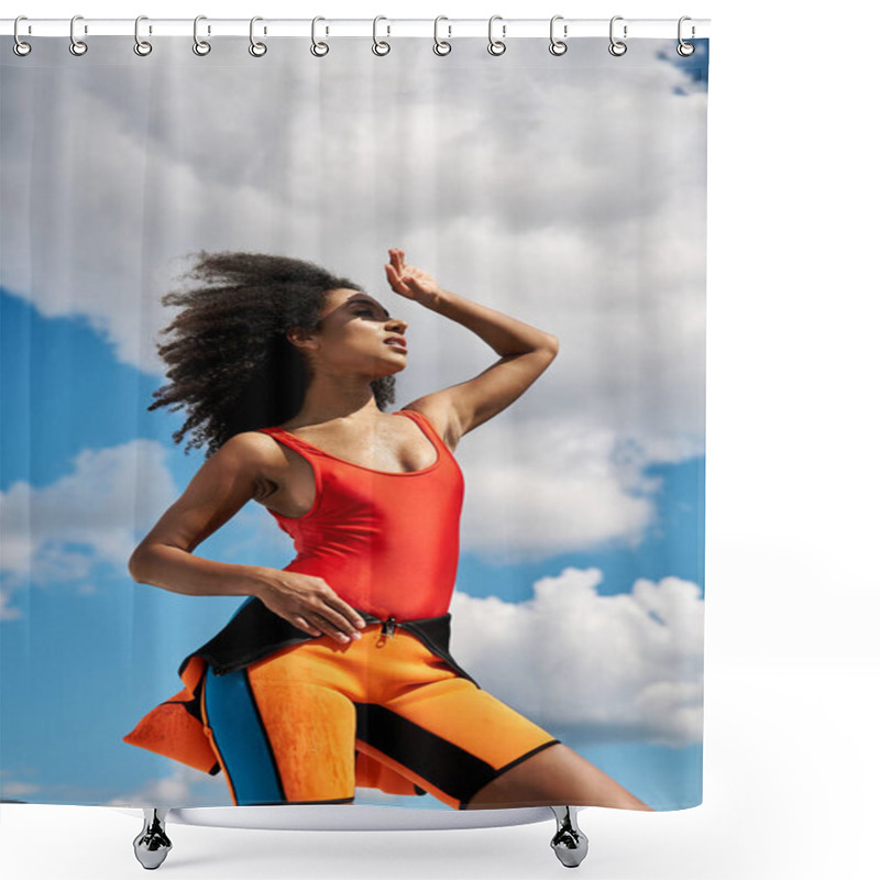 Personality  A Stylish Young Woman Poses Confidently Against A Backdrop Of Vibrant Blue Skies And Fluffy Clouds. Shower Curtains