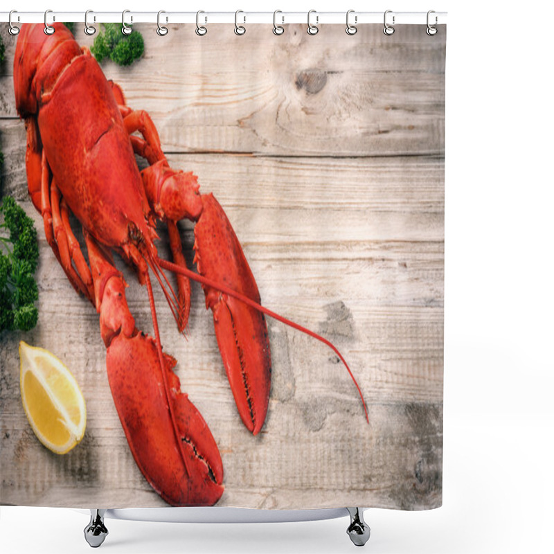 Personality  Steamed Lobster With Lemon On Wooden Background Shower Curtains