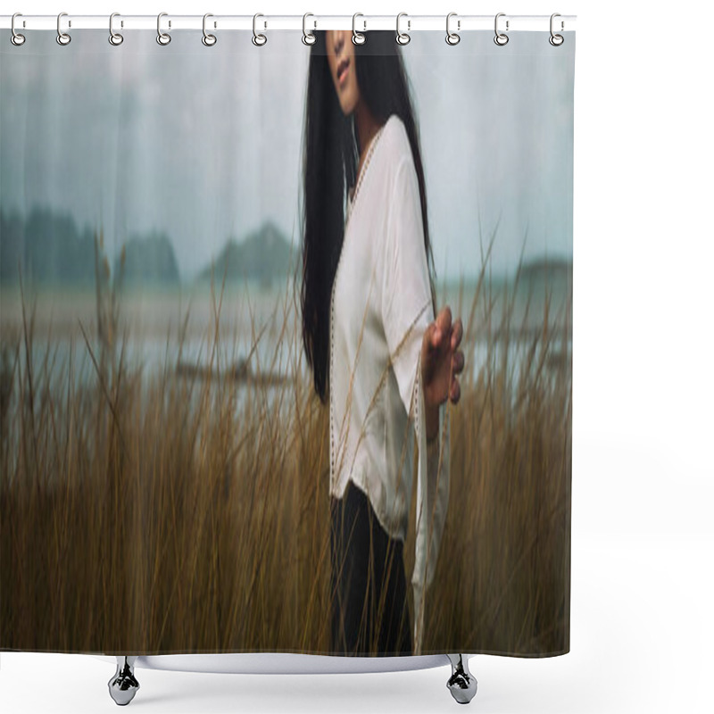 Personality  Asian Long Hair Girl In White Clothes Enjoys Life In Nature Coastal Field. Shower Curtains