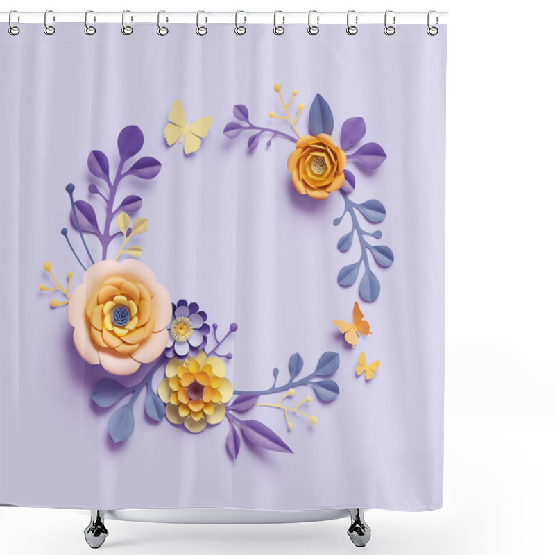 Personality  3d Render, Botanical Background, Round Floral Wreath, Violet Yellow Craft Paper Flowers, Festive Arrangement, Blank Space, Bright Candy Colors, Isolated Clip Art, Decorative Embellishment Shower Curtains