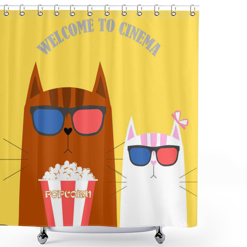 Personality  Cat In 3d Glasses With Box, Bowl Of Popcorn Isolated On Background. Cute Animal Character. Movies, Cinema Theater, Film Concept. Vector Flar Cartoon Design Shower Curtains