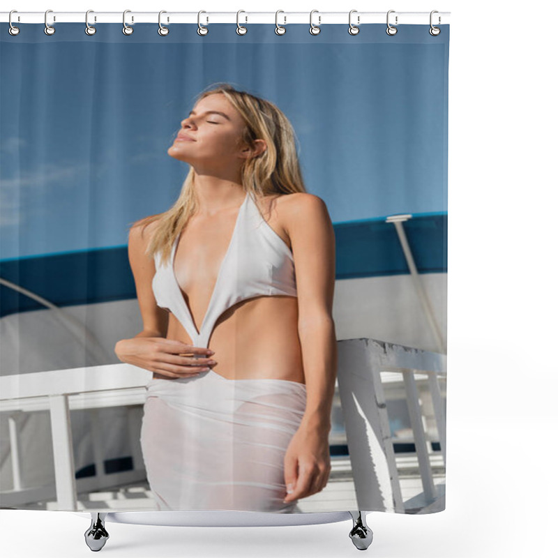 Personality  A Young, Blonde Woman In A Flowing White Dress Stands Gracefully On A Boat, Surrounded By The Tranquil Waters Of Miami Beach. Shower Curtains