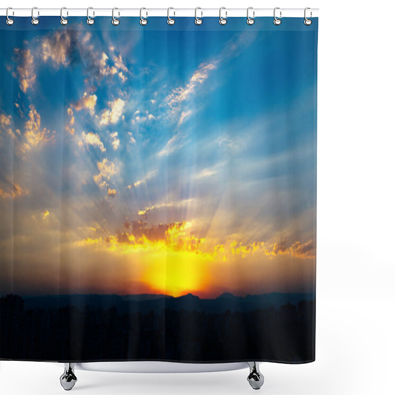 Personality  The Sun Setting Behind The Mountains Shower Curtains