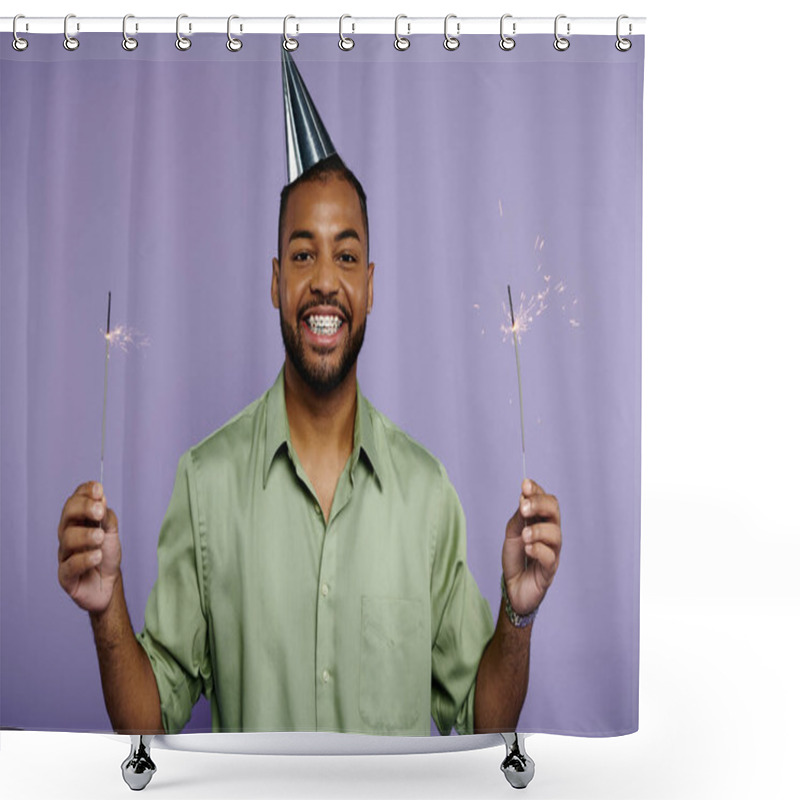 Personality  Young Black Man In Braces Smiling, Holding Two Sparklers With A Party Hat On A Purple Background. Shower Curtains