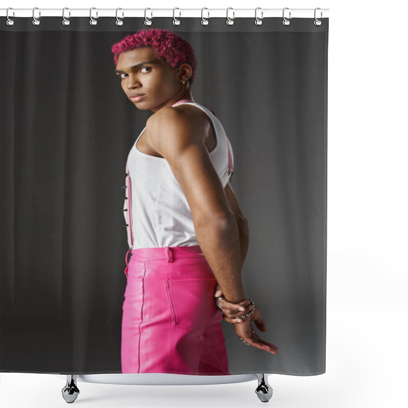 Personality  Stylish Pink Haired Man Posing With Hands Behind His Back And Looking At Camera, Fashion And Style Shower Curtains